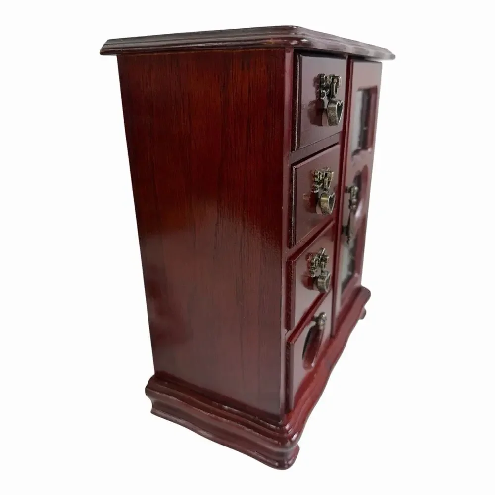 Vintage Wooden Jewelry Armoire Box Mahogany Glass Door w/ 4 drawers Grannycore
